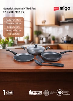 Impex 6-Piece Induction Bottom Cookware Set Aluminum 5-Layer Super Granite Non-Stick Coated Hammer Tone Exterior Finish Kadai Pan With Glass Lid, Tawa Pan Frypan 2 Spatulas MFKT6 Grey  - Image 2
