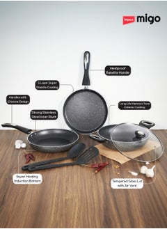 Impex 6-Piece Induction Bottom Cookware Set Aluminum 5-Layer Super Granite Non-Stick Coated Hammer Tone Exterior Finish Kadai Pan With Glass Lid, Tawa Pan Frypan 2 Spatulas MFKT6 Grey  - Image 3