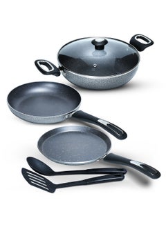 Impex 6-Piece Induction Bottom Cookware Set Aluminum 5-Layer Super Granite Non-Stick Coated Hammer Tone Exterior Finish Kadai Pan With Glass Lid, Tawa Pan Frypan 2 Spatulas MFKT6 Grey  - Image 1