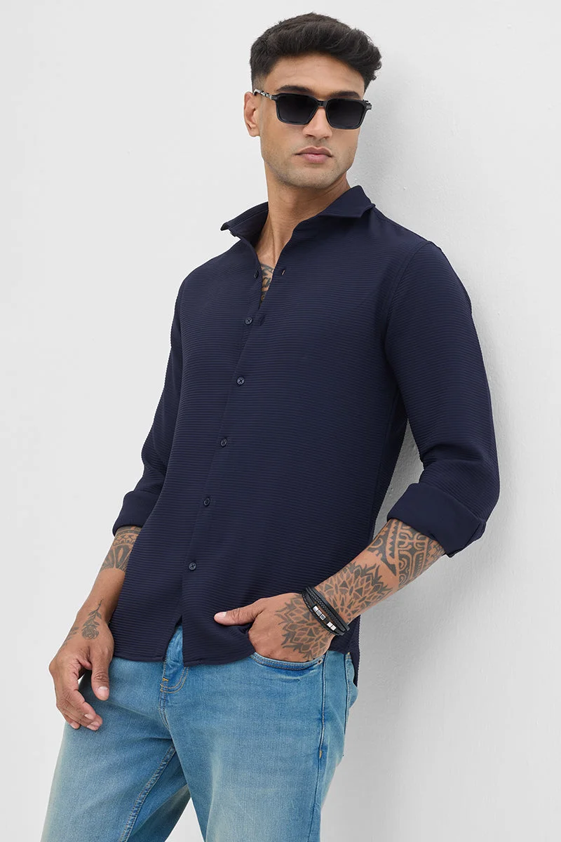 سنيتش Navy Ribbed Long Sleeve Slim Fit Casual Shirt