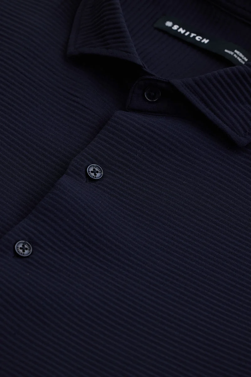 سنيتش Navy Ribbed Long Sleeve Slim Fit Casual Shirt