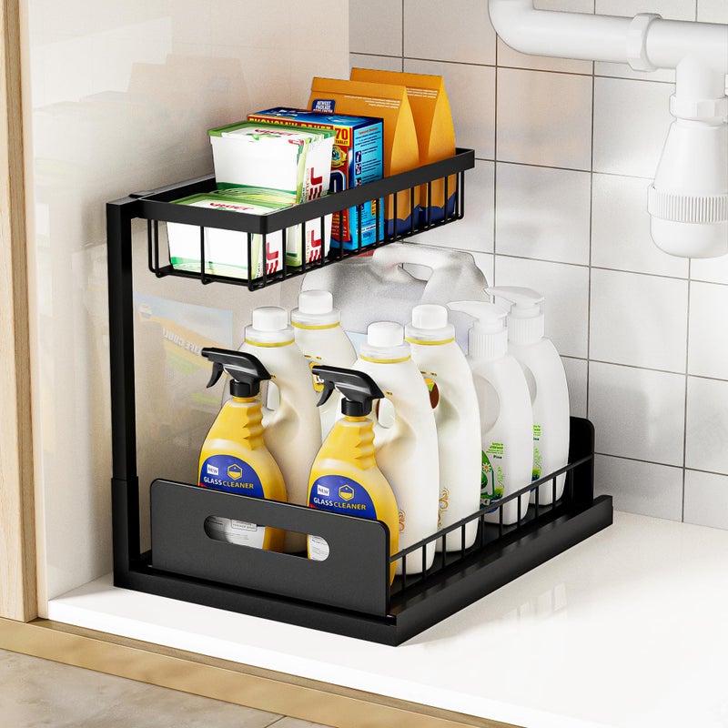 VUSIGN Under Kitchen Sink Organizer 2 Tier Pull Out Bathroom Sink Organizers and Storage Cabinet Kitchen Bathroom Storage Organization Shelf 1 Pack Black