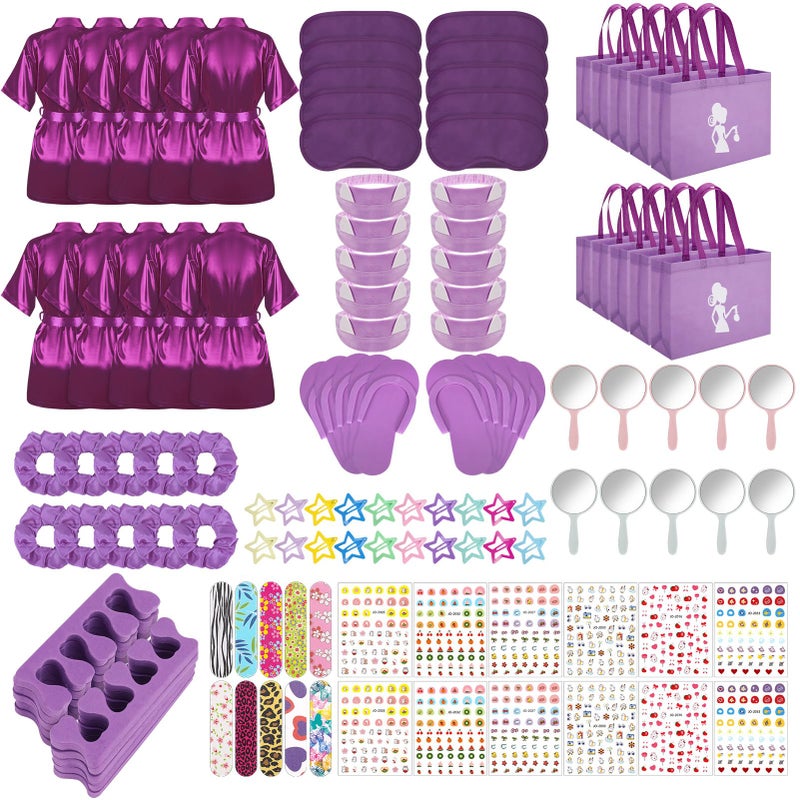 Hoemwarm 122 Pcs Purple Girls Spa Party Kit 10Pack Slumber Party Favors with Satin Robes Tote Bags and Nail Salon Accessories for Kids Spa Birthday Halloween Home Party Supplies - Image 2