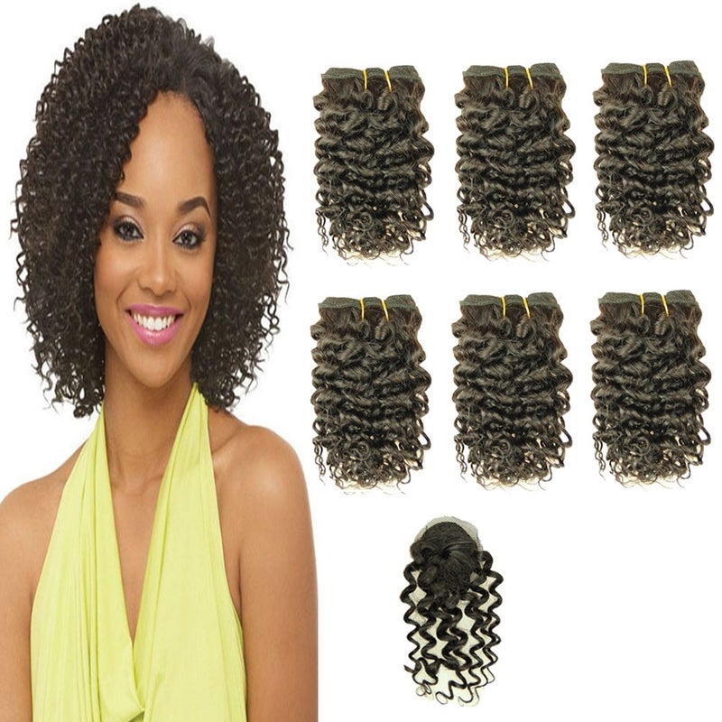 VIOLET Hair 8 Inch Brazilian Deep Curly Weave Hair Short Human Hair 6 Bundles With Closure 100 Unprocessed Human Hair Extensions Black Color Hair Bundles curly 8 inch 1B