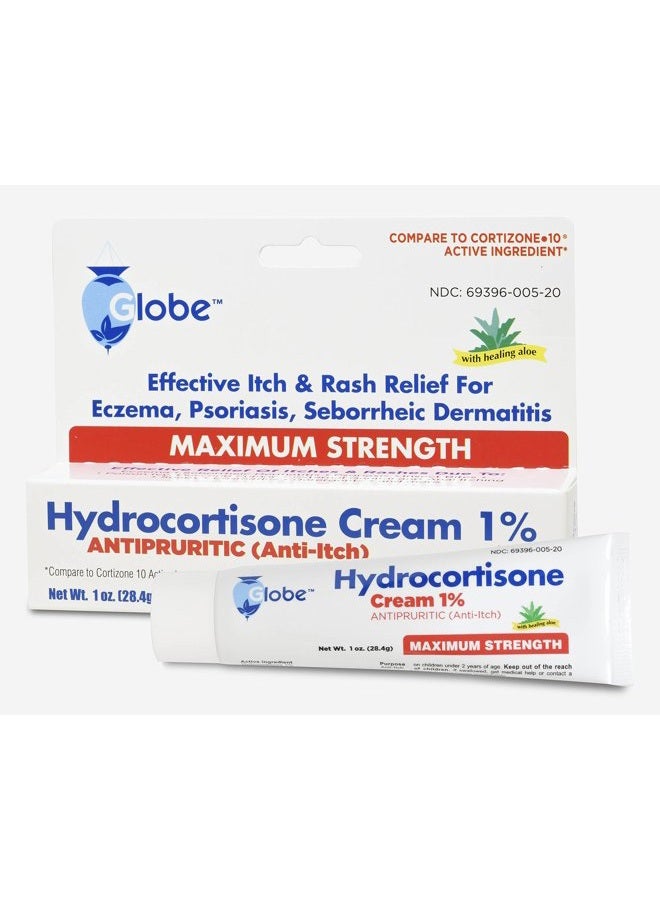 Globe Hydrocortisone Maximum Strength Cream 1% w/ Aloe, Anti-Itch Cream for Redness, Swelling, Itching, Rash & Dermatitis, Bug/Mosquito Bites, Eczema, Hemorrhoids & More - Image 1