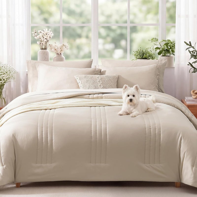 Monbix California King Size Comforter Set - 7 Pieces Bed in a Bag California King, Beige Bedding Sets with Comforter, All Seasons Comforter Bed Set with Sheets, Pillowcases & Shams - Image 2