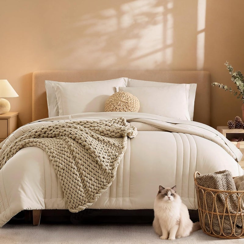 Monbix California King Size Comforter Set - 7 Pieces Bed in a Bag California King, Beige Bedding Sets with Comforter, All Seasons Comforter Bed Set with Sheets, Pillowcases & Shams - Image 1