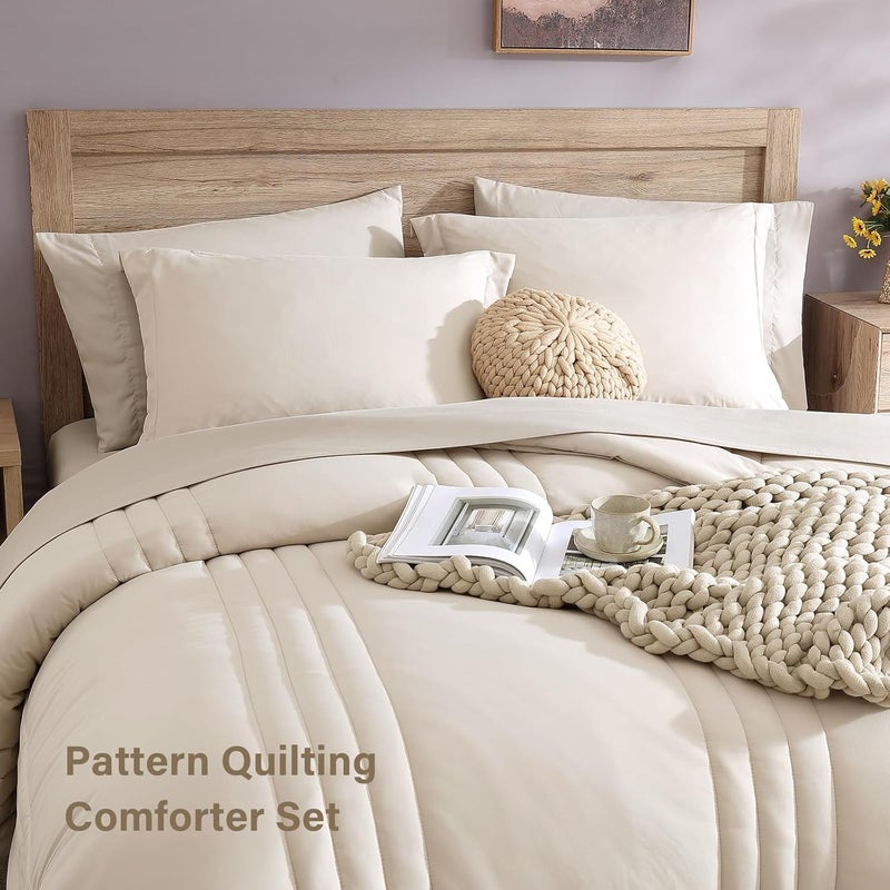 Monbix California King Size Comforter Set - 7 Pieces Bed in a Bag California King, Beige Bedding Sets with Comforter, All Seasons Comforter Bed Set with Sheets, Pillowcases & Shams - Image 5
