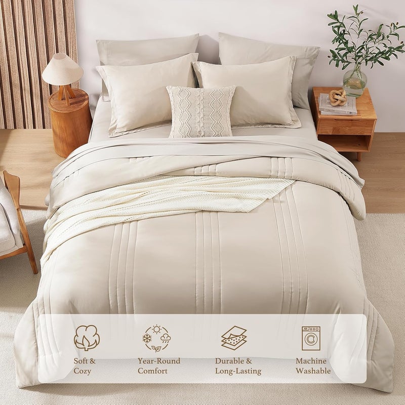 Monbix California King Size Comforter Set - 7 Pieces Bed in a Bag California King, Beige Bedding Sets with Comforter, All Seasons Comforter Bed Set with Sheets, Pillowcases & Shams - Image 3
