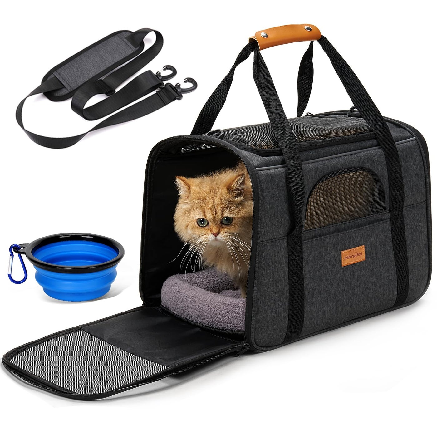 Morpilot Pet Travel Carrier Bag, Soft-Sided Dog Carrier Cat Carrier Pet Carrier, for Large Cats and Medium Puppies up to 25lbs, w/Locking Safety Zippers, Foldable Bowl (Dark Gray)