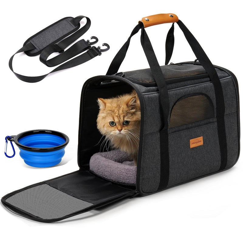 Morpilot Pet Travel Carrier Bag, Soft-Sided Dog Carrier Cat Carrier Pet Carrier, for Large Cats and Medium Puppies up to 25lbs, w/Locking Safety Zippers, Foldable Bowl (Dark Gray) - Image 1