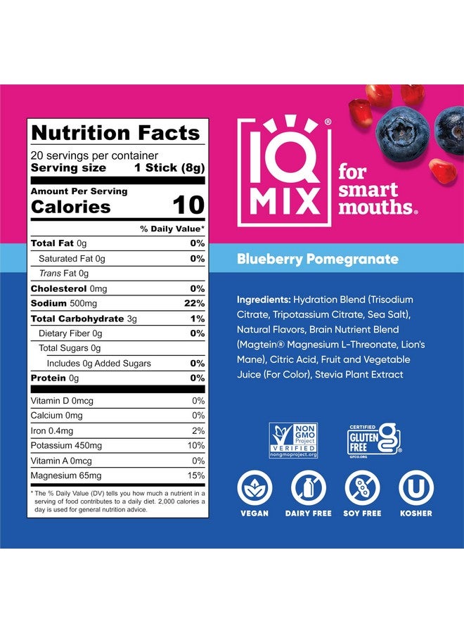 IQBAR IQMIX Hydration Electrolyte Powder - 4-in-1 Formula for Hydration, Mental Clarity, Mood and Recovery - Sugar-Free Drink Mix, Keto, Magnesium L-Threonate, Lion’s Mane - 20 Count Blueberry Pomegranate - Image 2
