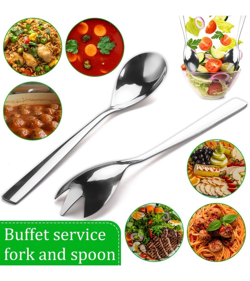 4pcs Stainless Steel Salad Fork And Serving Spoon Set Silver Long Handle Kitchen Restaurant Serving Mixing Cooking Dishwasher Safe Utensils - Image 4