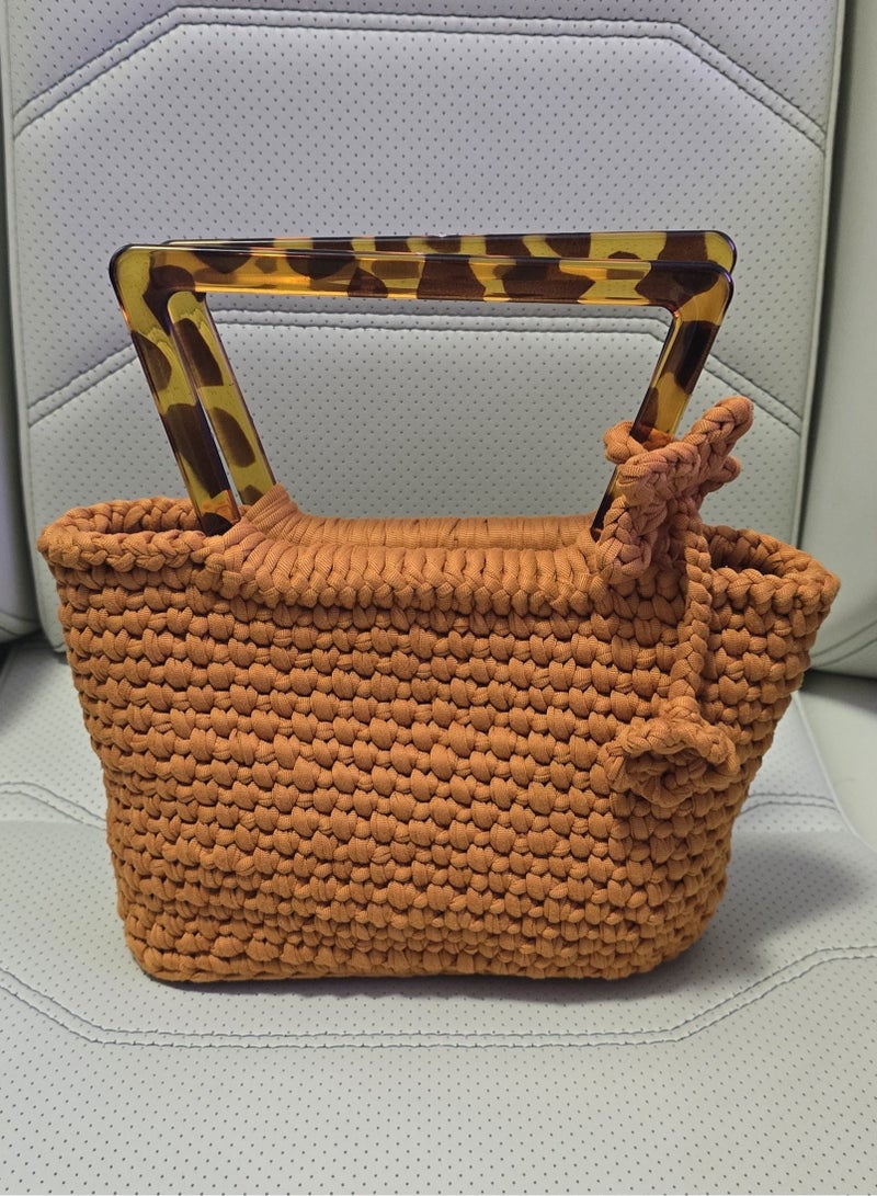 RandSac Crochet Bag with Tortoiseshell Acrylic Handles – Burnt Orange with Knot - Image 1