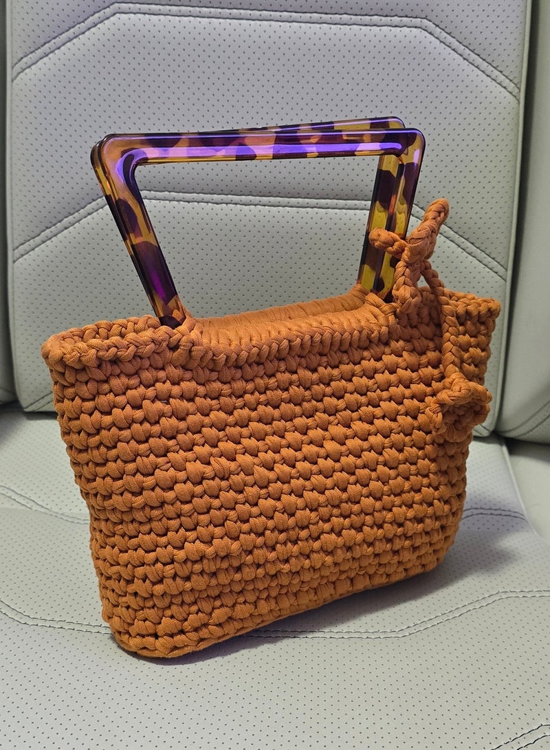 RandSac Crochet Bag with Tortoiseshell Acrylic Handles – Burnt Orange with Knot - Image 2