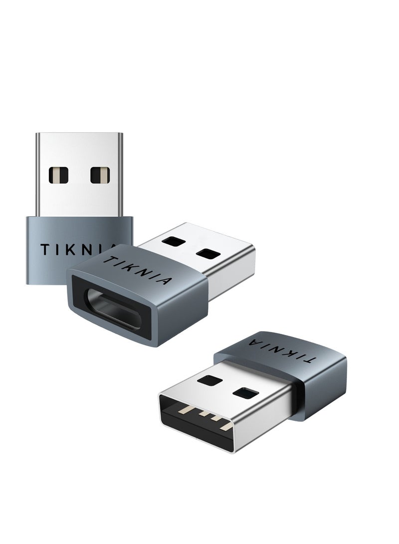TIKNIA TIKNIA USB to USB C Adapter 3 Pack, USB C Female to A Male Car Charger, Type C Converter for iPhone, Apple Watch, Air pods, Compatible for Nintendo Switch, Samsung Galaxy, Laptop PC (Grey)  - Image 1