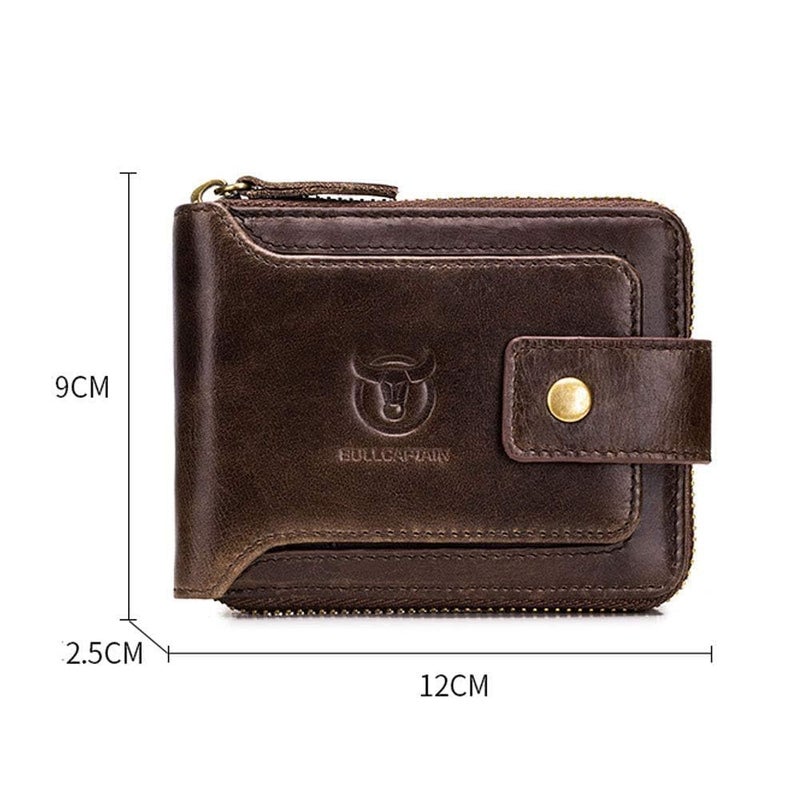 BULLCAPTAIN Genuine Leather Wallet for Men Large Capacity ID Window Card Case with Zip Coin Pocket QB-231 (Coffee) - Image 3