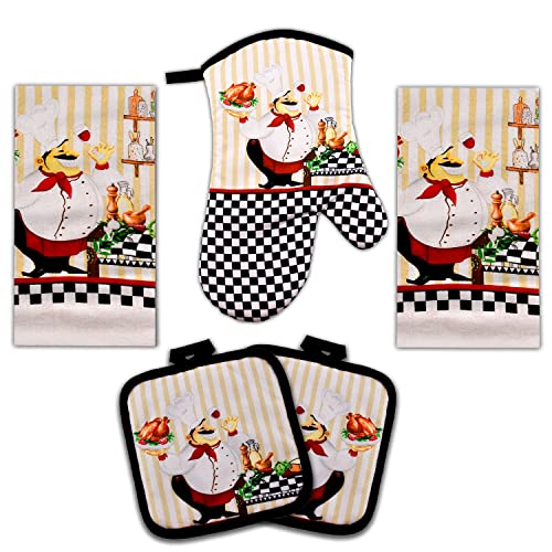Lobyn Value Packs - Charming 5 Piece Kitchen Towel Set: Chubby Uniformed Chef Design, includes 2 Decorative Dish Towels (25x15) 1 Oven Mitt and 2 Potholders (6.5 Sq) - Image 1