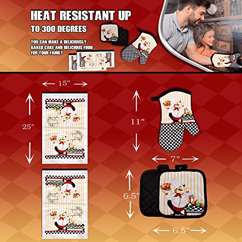 Lobyn Value Packs - Charming 5 Piece Kitchen Towel Set: Chubby Uniformed Chef Design, includes 2 Decorative Dish Towels (25x15) 1 Oven Mitt and 2 Potholders (6.5 Sq) - Image 4
