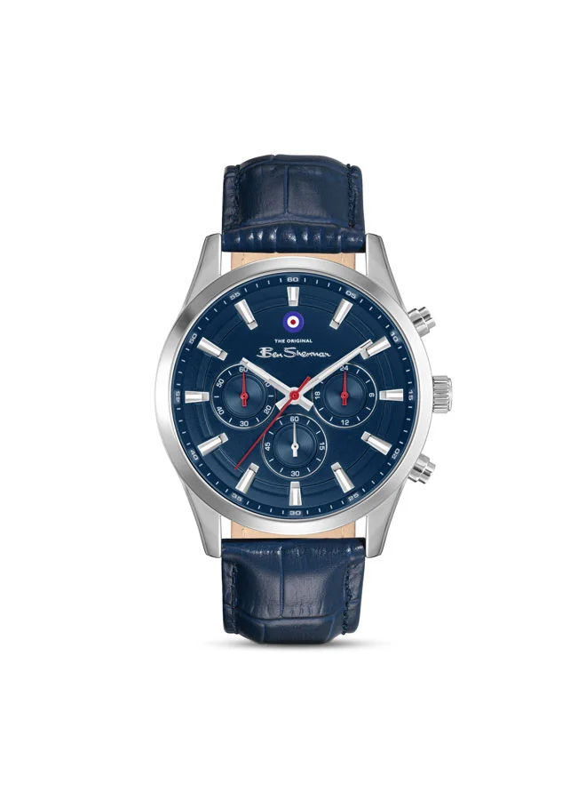 بين شيرمان Cambridge Blue Dial Blue Genuine Leather Strap Chronograph Watch for Men, 42mm