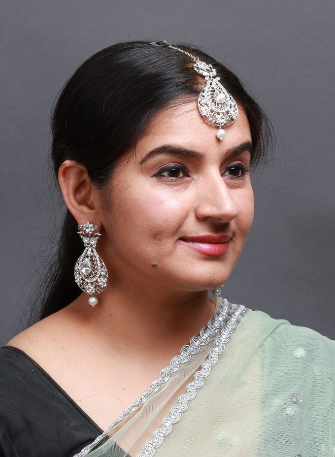 بينداني طقم مانغ تيكا وأقراط هندية نسائية من بيندهاني، مطلية بالفضة ومزينة بنقوش زهور. - Image 5