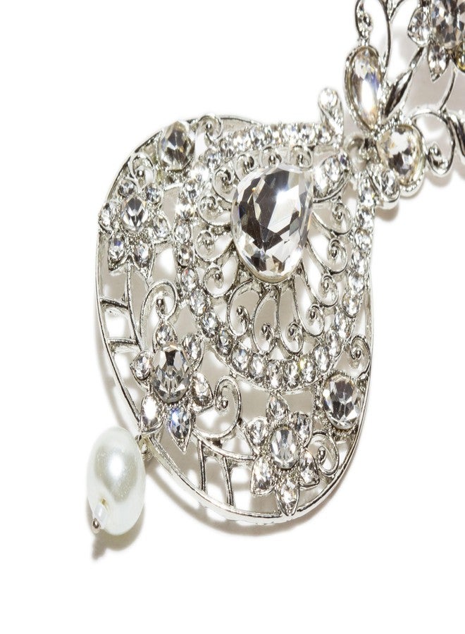 بينداني طقم مانغ تيكا وأقراط هندية نسائية من بيندهاني، مطلية بالفضة ومزينة بنقوش زهور. - Image 3