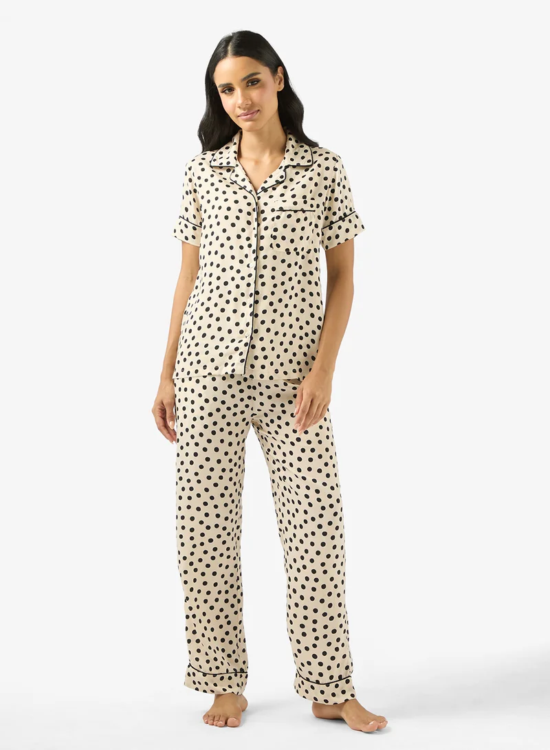 Ginger Satin Polka Dot Relaxed Fit Shirt & Pyjama Set