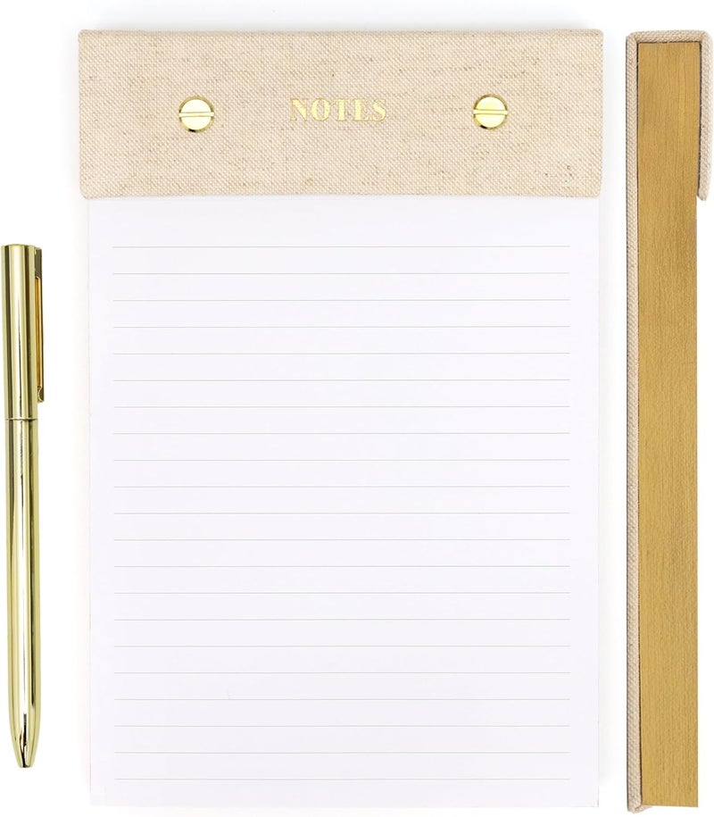 ELYN Lined Notepad, Aesthetic Linen Memo Pad With Matching Gold Gel Pen, 125 Sheets, 8.1 x 5.3 in - 100 GSM Premium Thick Paper, Perforated Pages & Hard Linen Backing, For Work, School or Home (Linen) - Image 1
