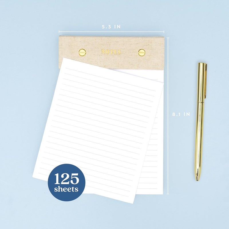 ELYN Lined Notepad, Aesthetic Linen Memo Pad With Matching Gold Gel Pen, 125 Sheets, 8.1 x 5.3 in - 100 GSM Premium Thick Paper, Perforated Pages & Hard Linen Backing, For Work, School or Home (Linen) - Image 2