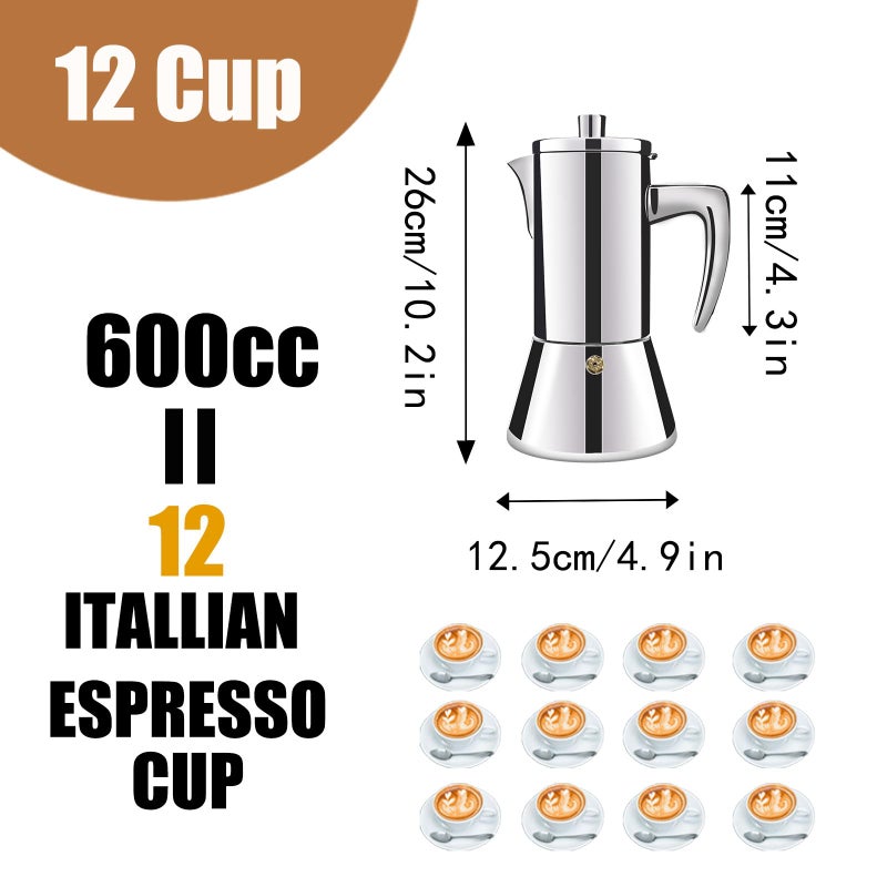 DITOSH 12 Cup Thickened 304 Stainless Steel Moka Pot Stovetop Espresso Maker Cafeteras Italian Percolator Espress Makers Capable Greca Mocha Coffee Machine for Induction Home and Camping 600ml 20oz - Image 2