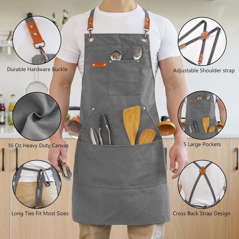 Aoomzoon Canvas Aprons for Men Chef Apron, Work Apron with Large Pockets - 16oz Heavy Duty Cross Back, BBQ, Cooking - Image 3
