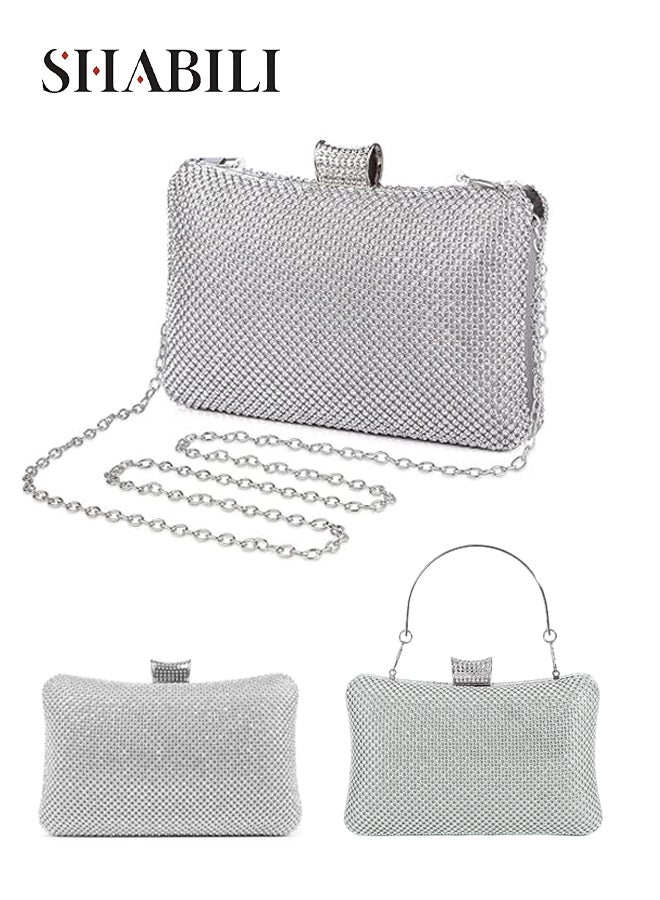 SHABILI Women Rhinestone Spacious Evening Bag Chain Banquet Clutch Bag, Ladies Bag Crossbody Multipocket Sparkling Envelope Shape Metal Frame Secure Zipper, for Teenager Youth Casual Party Travel (Silver) - Image 1