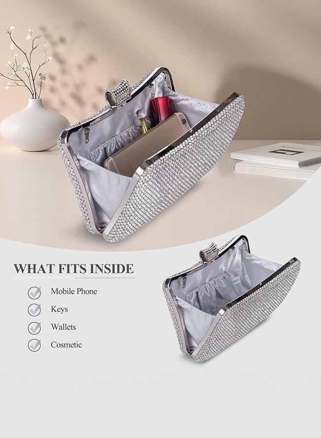SHABILI Women Rhinestone Spacious Evening Bag Chain Banquet Clutch Bag, Ladies Bag Crossbody Multipocket Sparkling Envelope Shape Metal Frame Secure Zipper, for Teenager Youth Casual Party Travel (Silver) - Image 4