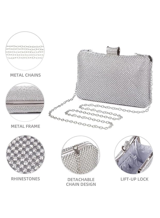 SHABILI Women Rhinestone Spacious Evening Bag Chain Banquet Clutch Bag, Ladies Bag Crossbody Multipocket Sparkling Envelope Shape Metal Frame Secure Zipper, for Teenager Youth Casual Party Travel (Silver) - Image 3