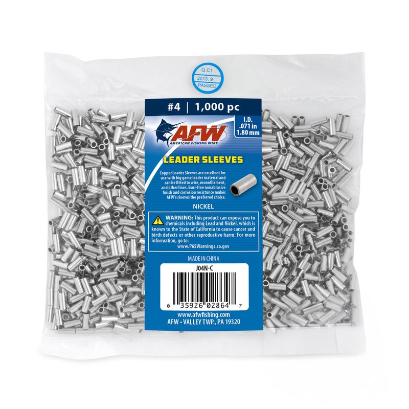 AFW American Fishing Wire Single Barrel Crimp Sleeves, Size #4/.071", Nickel, 1,000 pc - Image 1