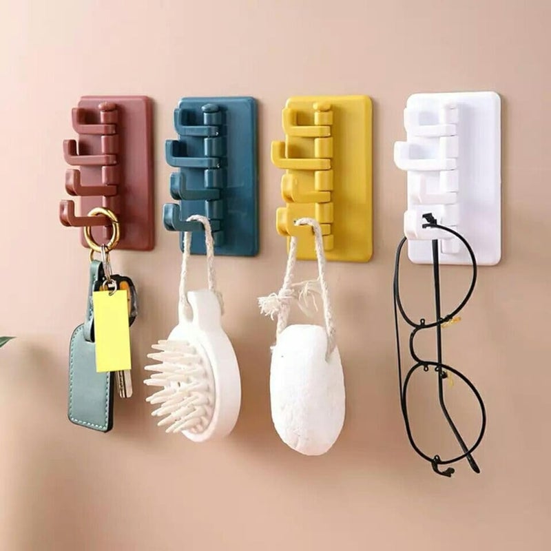 4pcs Adhesive Hooks, 3.7x2in Plastic 4-Hooks 180° Rotatable Seamless Wall Utility Hook Hanging for Home Kitchen Towel Bath Key, Multicolor - Image 1