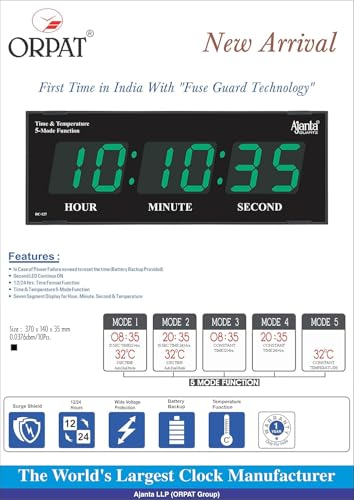 Ajanta Quartz Digital Wall Clock – Green LED Display with Battery Backup, Electric Powered, Accurate Quartz Timekeeping – Modern Plastic Wall Clock for Home & Office (Model 127-Green) - Image 4