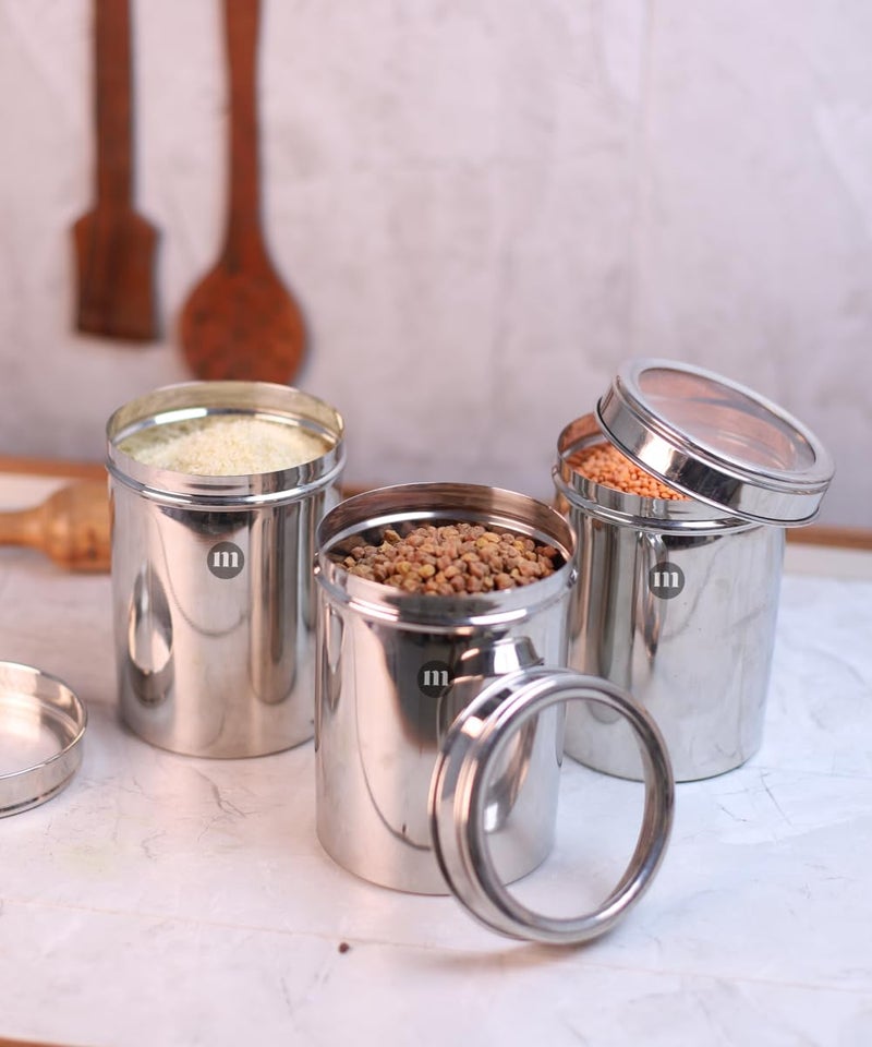 MARU Stainless Steel Approx. 1 Kg Containers For Kitchen Storage Set of 3 pcs (1250ml each), Multipurpose Storage Box for Kitchen, Durable Jar Container with See-Through Lid - Image 1