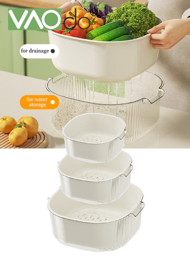 VAOdo 3PCS Double-layer Drain Basket, Multifunctional Kitchen Drain Colander Set, Detachable Plastic Food Basket Kitchen Essential Utensil White - Image 1