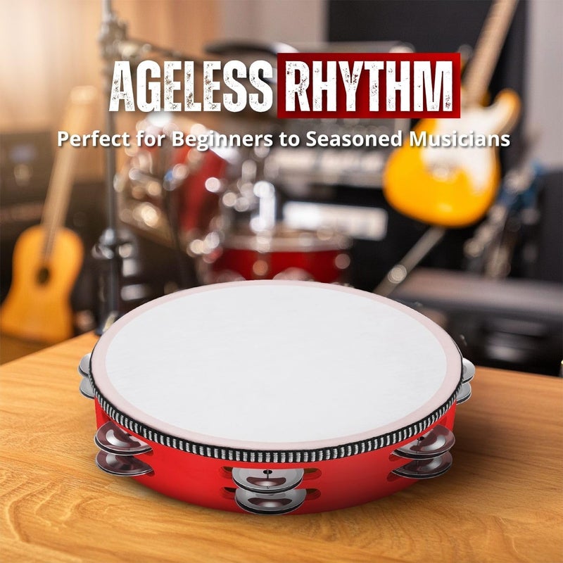 Flexzion Classic practical design Tambourine, Hand Drum with Handle, Pack of 2, 20 cm + 15 cm Wooden Musical Percussion Instrument, Double Row Jingle Ring with Metal Jingles, Red Ready varied options - Image 4