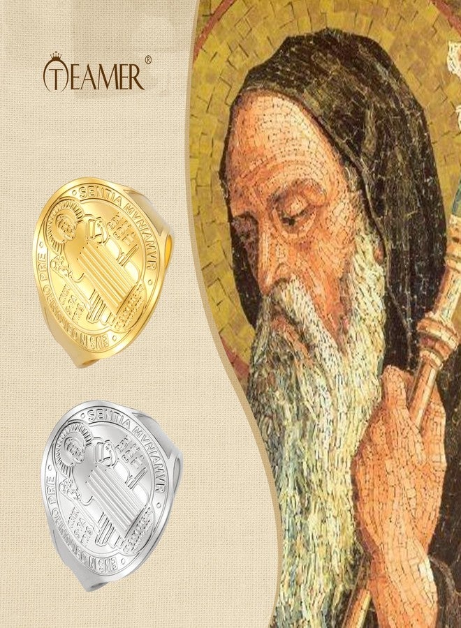 TEAMER Resizable Saint Benedict Ring Stainless Steel Religious St.Benedict Ring Catholic Christian Faith Evil Protection Amulet Jewelry For Women (Gold) - Image 2