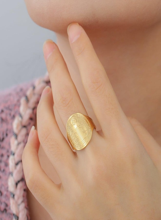 TEAMER Resizable Saint Benedict Ring Stainless Steel Religious St.Benedict Ring Catholic Christian Faith Evil Protection Amulet Jewelry For Women (Gold) - Image 5