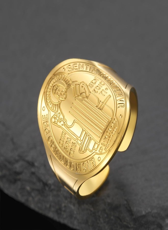 TEAMER Resizable Saint Benedict Ring Stainless Steel Religious St.Benedict Ring Catholic Christian Faith Evil Protection Amulet Jewelry For Women (Gold) - Image 4