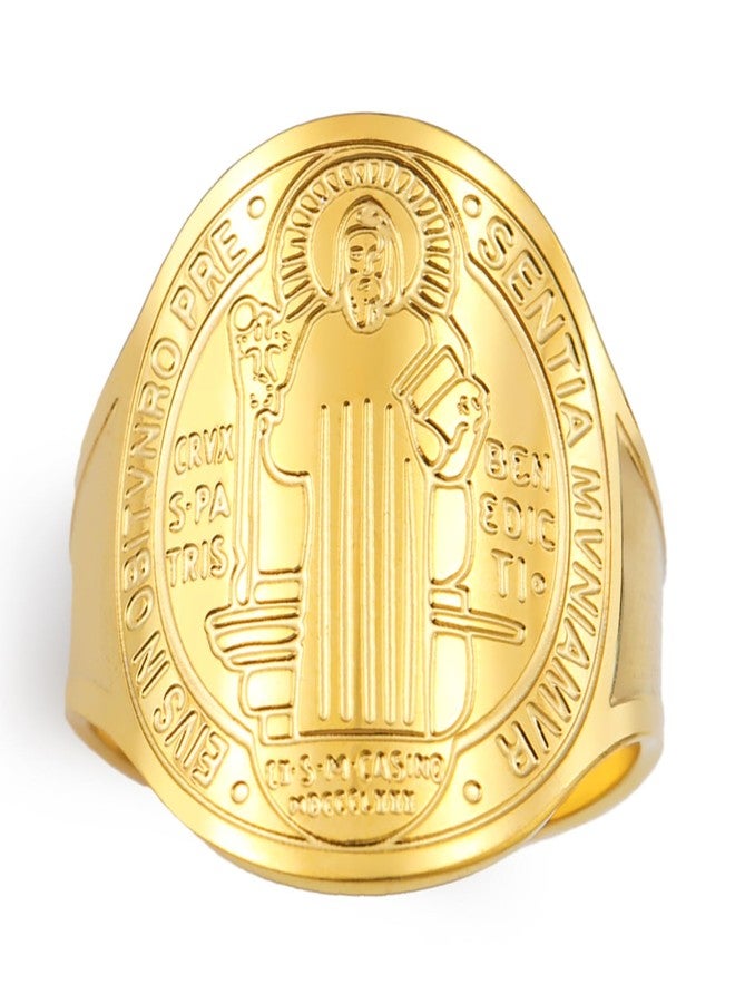TEAMER Resizable Saint Benedict Ring Stainless Steel Religious St.Benedict Ring Catholic Christian Faith Evil Protection Amulet Jewelry For Women (Gold) - Image 1
