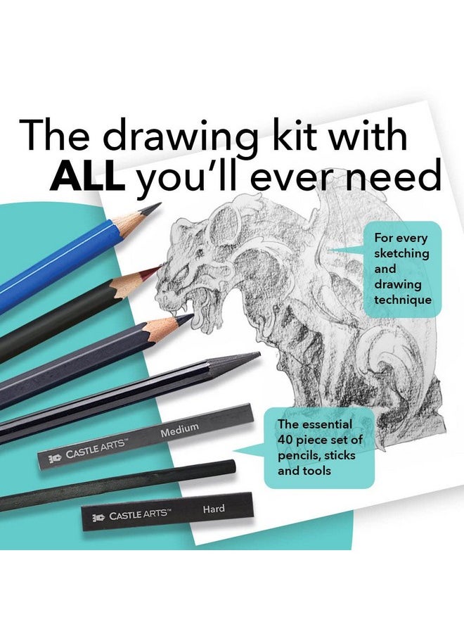 Castle Art Supplies - 40 Piece Premium Drawing And Sketching Set With Tutorial For Artists Professionals Or Beginners Pencils Charcoal Graphite And More In Neat Carry Anywhere Zipper Case - Image 1