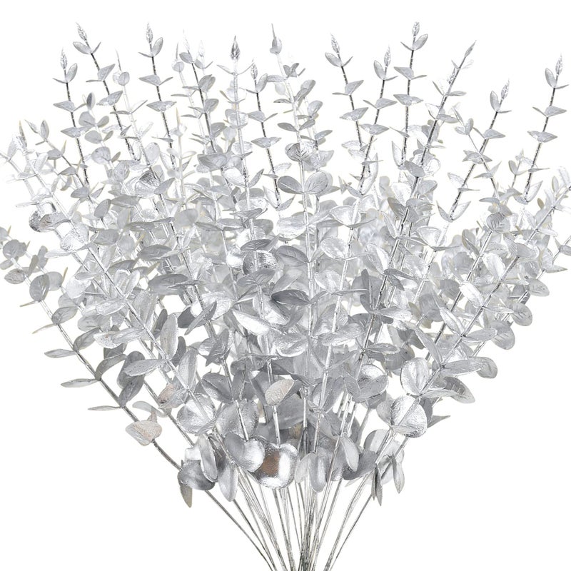 FEQO 36 Pcs Silver Eucalyptus Stems Artificial Leaves Faux Eucalyptus Stems Branches 15 inch for Wedding Bouquet Home Decor - Image 1