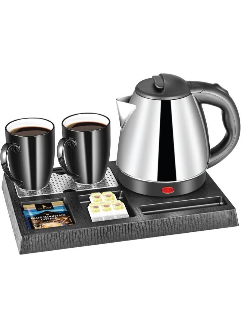 Denx Hotel Kettle Set 1350W Stainless Steel Electric Kettle with 1200ml Capacity 2 Ceramic Cups Hospitality Tray for Hotel Office and Guest Rooms