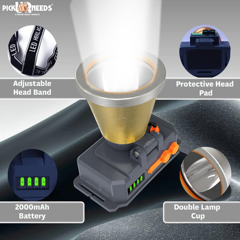 Pick Ur Needs 150 Watt Laser Rechargeable Head Lamp 3 LED Mode Aluminum Body 2000mAh Battery Head Torch/Headlamp for Camping (Gold) - Image 4