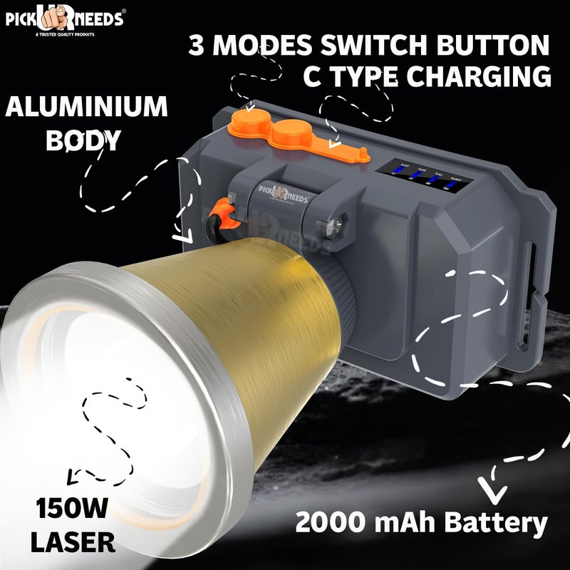 Pick Ur Needs 150 Watt Laser Rechargeable Head Lamp 3 LED Mode Aluminum Body 2000mAh Battery Head Torch/Headlamp for Camping (Gold) - Image 2