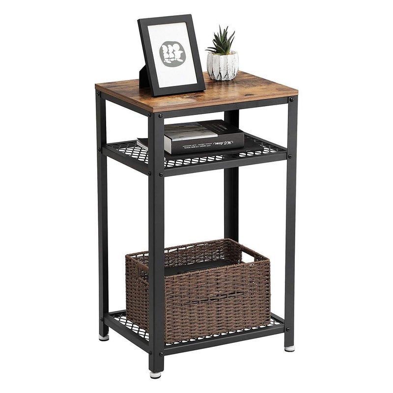 INDIAN DECOR 457907 Retro Design Metal Side Table with Wooden Top End Telephone Table with 2Tier Mesh Shelves for Office Hallway or Living Room Wood Look Accent Furniture with Metal Frame Black